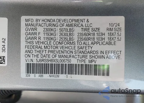 2025 Honda Cr-V Hybrid Sport-L from USA, damaged, VIN 5J6RS5H8XSL006750
